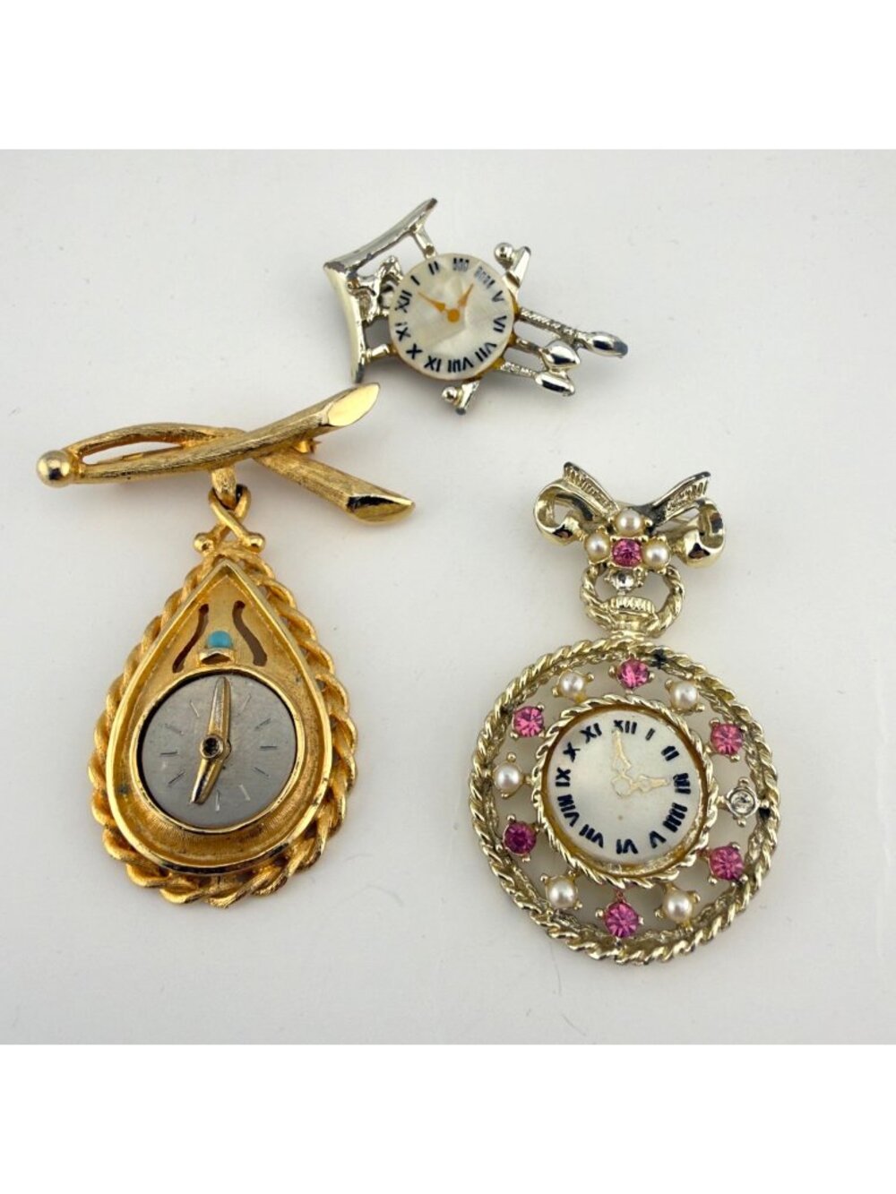 Vintage Clock Brooch Lot of 3 Gold Tone Silver Tone Faux Pearl Rhinestones